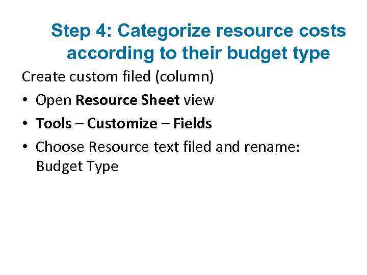 Step 4: Categorize resource costs according to their budget type Create custom filed (column)