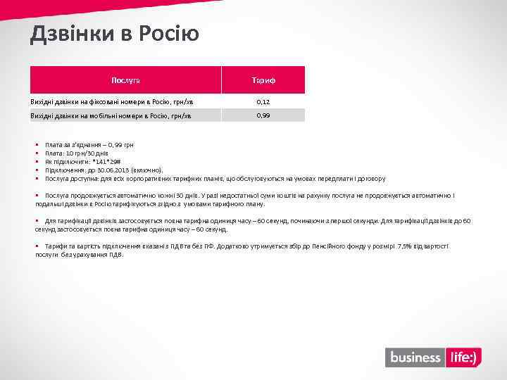 Дзвінки в Росію Послуга Тариф Вихідні дзвінки на фіксовані номери в Росію, грн/хв 0,