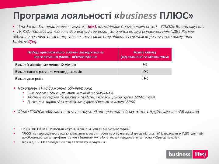 Програма лояльності «business ПЛЮС» § Чим довше Ви залишаєтеся з business life: ), тим