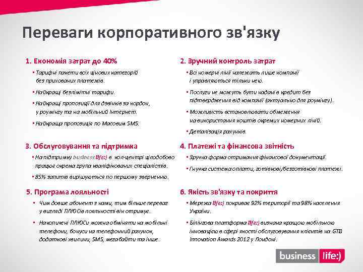 Переваги корпоративного зв'язку 1. Економія затрат до 40% 2. Зручний контроль затрат • Тарифні