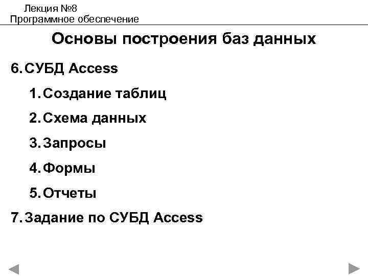 Лекция № 8 Программное обеспечение Основы построения баз данных 6. СУБД Access 1. Создание