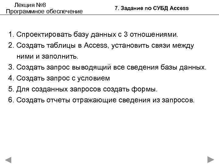 Лекция № 8 Программное обеспечение 7. Задание по СУБД Access 1. Спроектировать базу данных