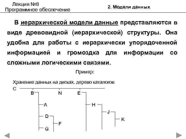 Лекция № 8 Программное обеспечение 2. Модели данных В иерархической модели данные представляются в