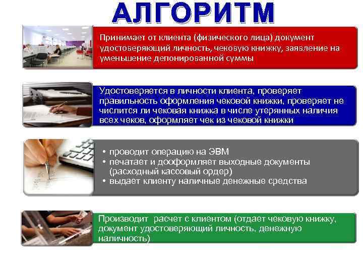 АЛГОРИТМ Принимает от клиента (физического лица) документ удостоверяющий личность, чековую книжку, заявление на уменьшение