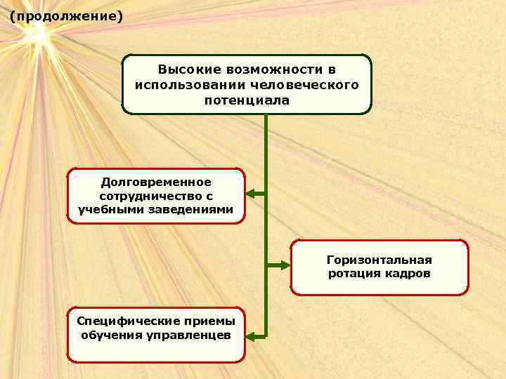 (продолжение) Высокие возможности в использовании человеческого потенциала Долговременное сотрудничество с учебными заведениями Горизонтальная ротация