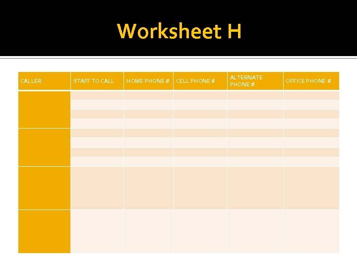 Worksheet H CALLER STAFF TO CALL HOME PHONE # CELL PHONE # ALTERNATE PHONE