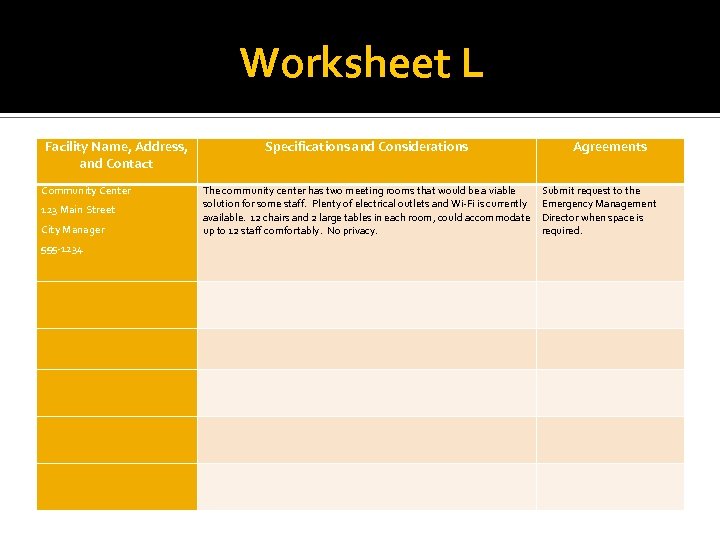 Worksheet L Facility Name, Address, and Contact Community Center Specifications and Considerations Agreements The