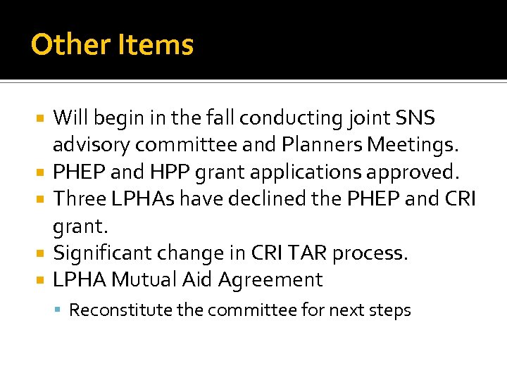 Other Items Will begin in the fall conducting joint SNS advisory committee and Planners