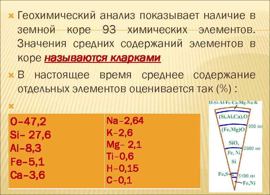  Геохимический анализ показывает наличие в земной коре 93 химических элементов. Значения средних содержаний