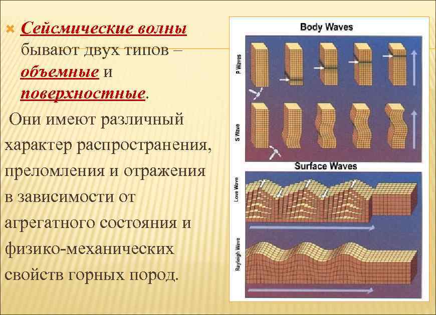 Сейсмические волны бывают двух типов – объемные и поверхностные. Они имеют различный характер распространения,