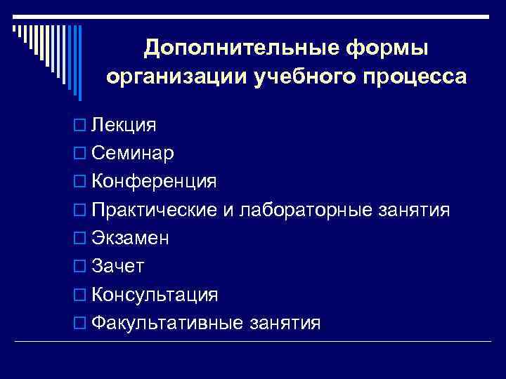 Дополнительные формы организации учебного процесса o Лекция o Семинар o Конференция o Практические и