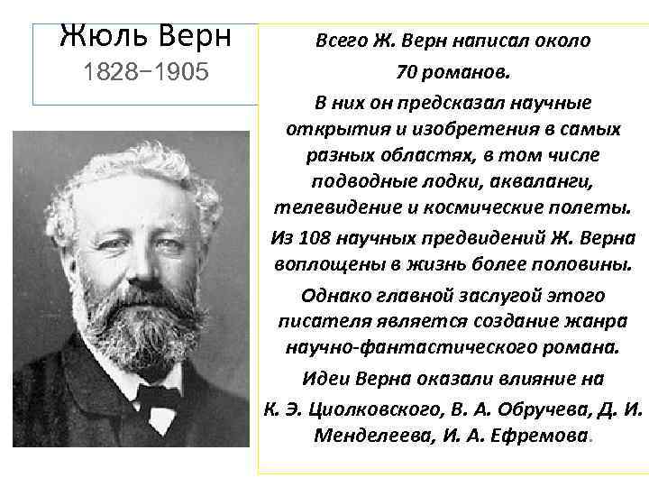Жюль Верн 1828− 1905 Всего Ж. Верн написал около 70 романов. В них он