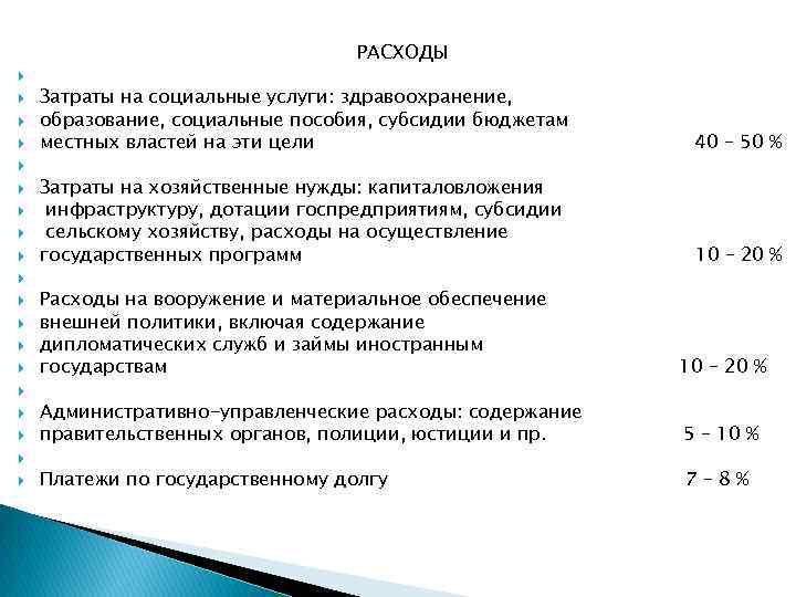 РАСХОДЫ Затраты на социальные услуги: здравоохранение, образование, социальные пособия, субсидии бюджетам местных властей на