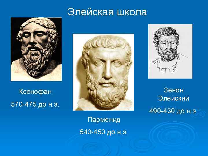 Элейская школа Зенон Элейский Ксенофан 570 -475 до н. э. 490 -430 до н.