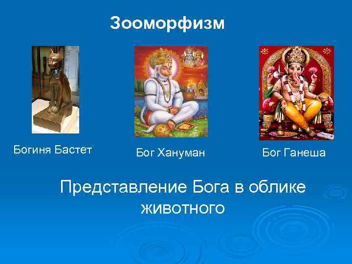 Зооморфизм Богиня Бастет Бог Хануман Бог Ганеша Представление Бога в облике животного 