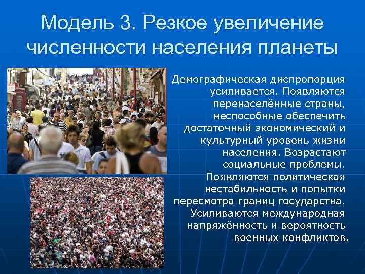 Модель 3. Резкое увеличение численности населения планеты Демографическая диспропорция усиливается. Появляются перенаселённые страны, неспособные