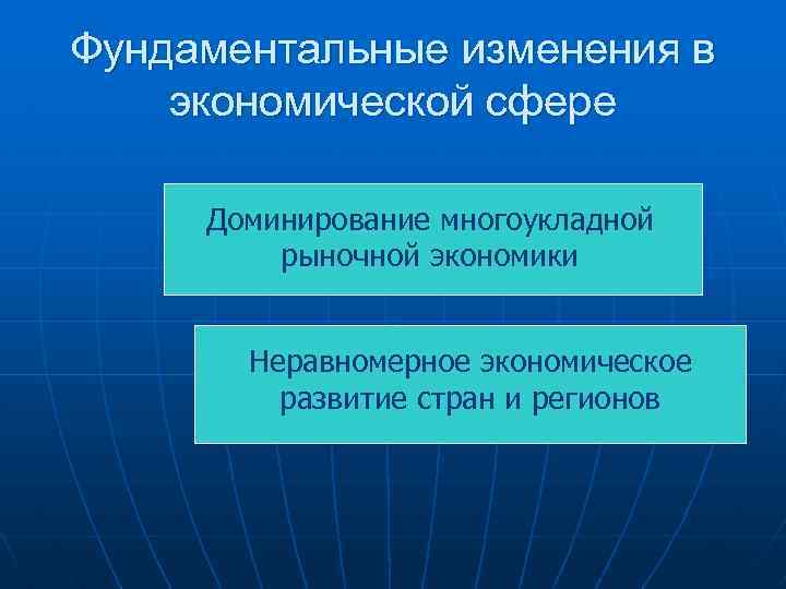Фундаментальные изменения в экономической сфере Доминирование многоукладной рыночной экономики Неравномерное экономическое развитие стран и