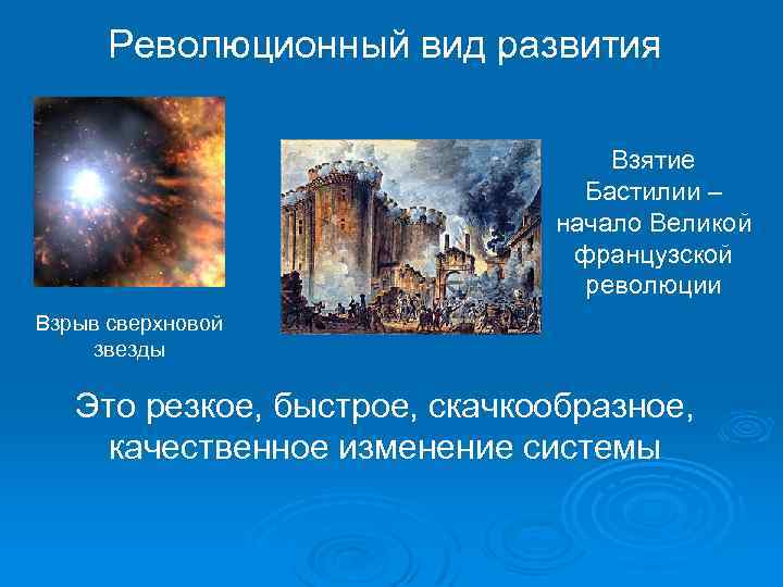 Революционный вид развития Взятие Бастилии – начало Великой французской революции Взрыв сверхновой звезды Это