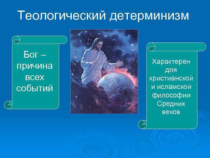 Теологический детерминизм Бог – причина всех событий Характерен для христианской и исламской философии Средних