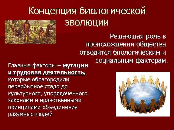 Концепция биологической эволюции Решающая роль в происхождении общества отводится биологическим и социальным факторам. Главные