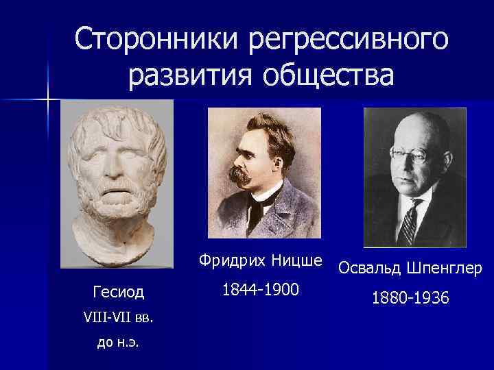 Сторонники регрессивного развития общества Гесиод VIII-VII вв. до н. э. Фридрих Ницше Освальд Шпенглер