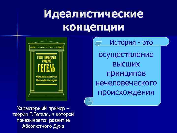 Идеалистические концепции История - это осуществление высших принципов нечеловеческого происхождения Характерный пример – теория