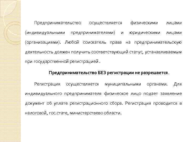 Предпринимательство (индивидуальными осуществляется предпринимателями) и физическими лицами юридическими лицами (организациями). Любой соискатель права на