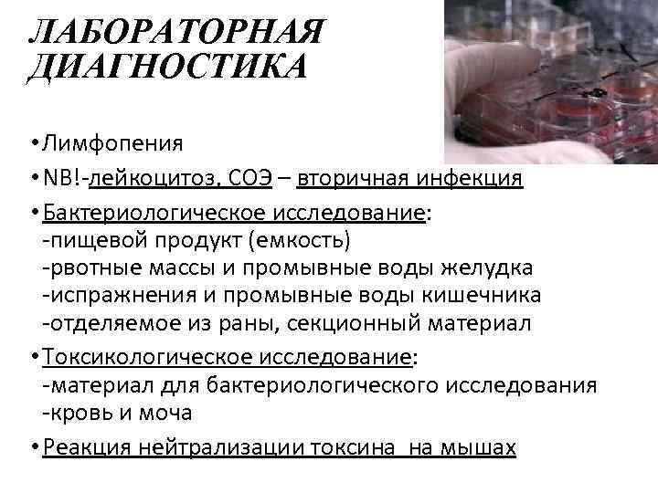ЛАБОРАТОРНАЯ ДИАГНОСТИКА • Лимфопения • NB!-лейкоцитоз, СОЭ – вторичная инфекция • Бактериологическое исследование: -пищевой