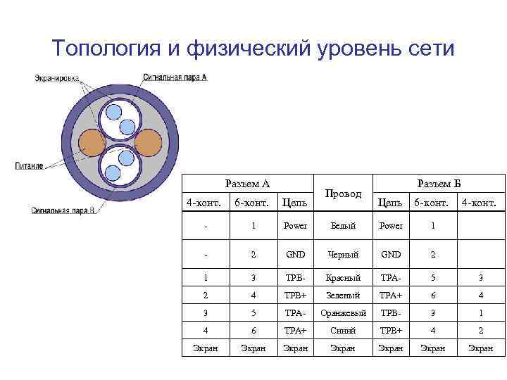 Топология и физический уровень сети Разъем А 4 -конт. 6 -конт. Цепь - 1