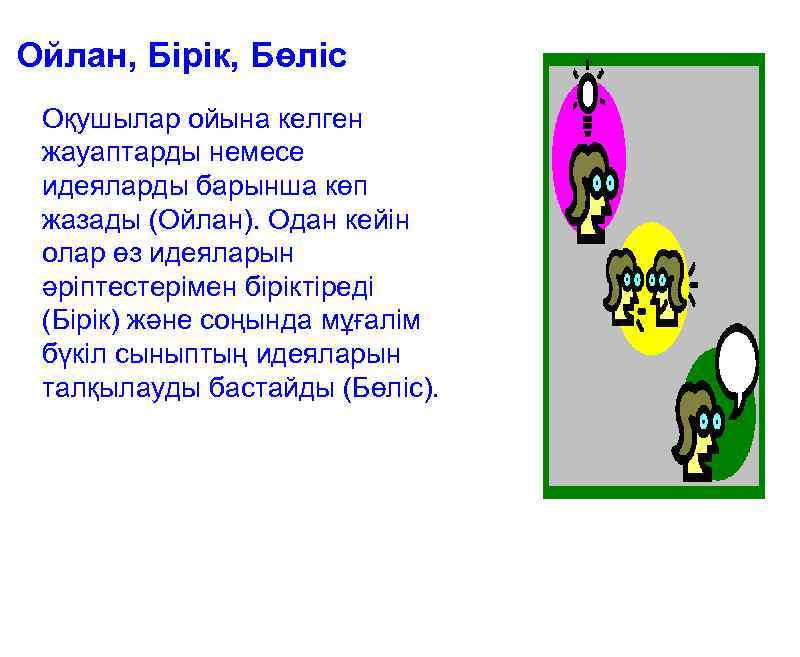 Ойлан, Бірік, Бөліс Оқушылар ойына келген жауаптарды немесе идеяларды барынша көп жазады (Ойлан). Одан