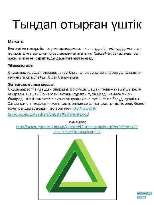 Тыңдап отырған үштік Мақсаты: Бұл әңгіме тақырыбының тұжырымдамасын және үдерісті түсінуді дамытатын ақпарат алуға