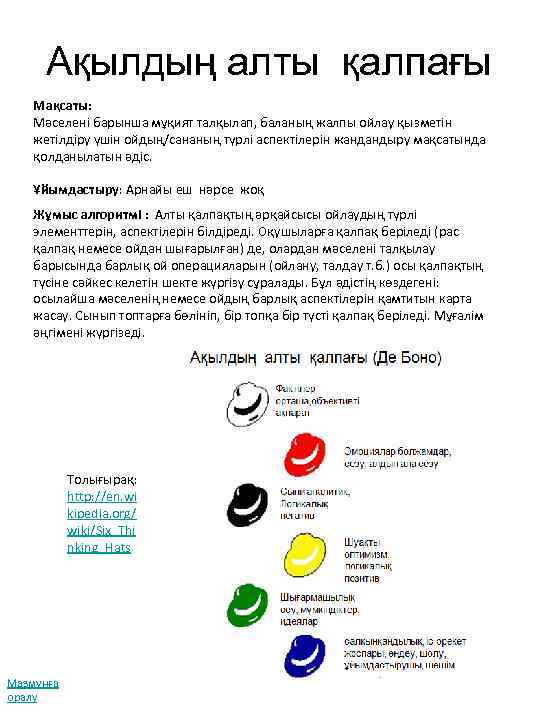 Ақылдың алты қалпағы Мақсаты: Мәселені барынша мұқият талқылап, баланың жалпы ойлау қызметін жетілдіру үшін