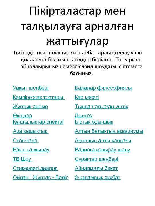 Пікірталастар мен талқылауға арналған жаттығулар Төменде пікірталастар мен дебаттарды қолдау үшін қолдануға болатын тәсілдер