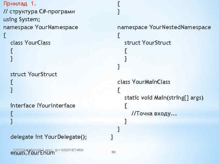 Приклад 1. // структура C#-програми using System; namespace Your. Namespace { class Your. Class