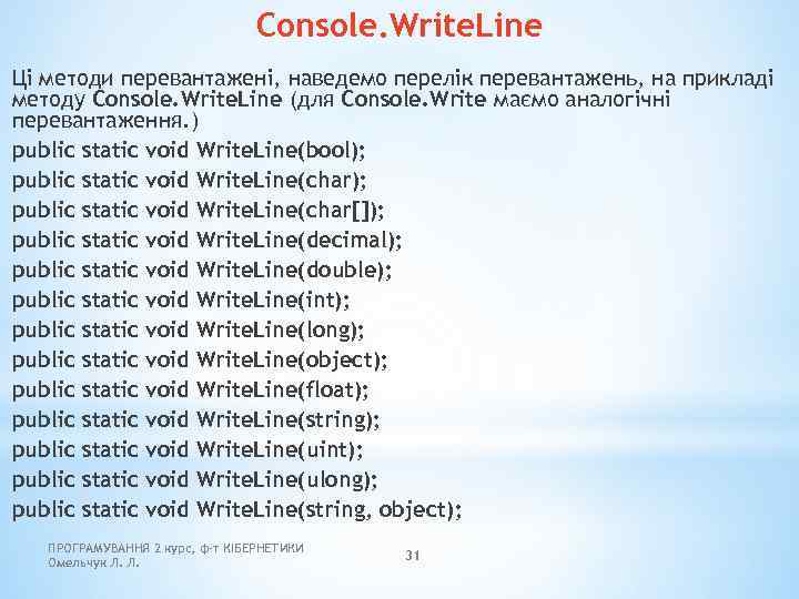Console. Write. Line Ці методи перевантажені, наведемо перелік перевантажень, на прикладі методу Console. Write.