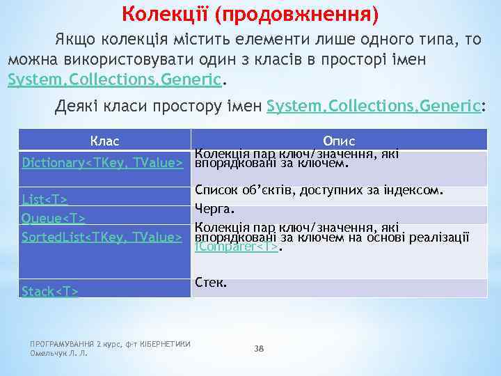 Колекції (продовжнення) Якщо колекція містить елементи лише одного типа, то можна використовувати один з