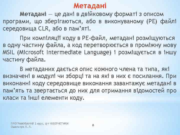 Метадані — це дані в двійковому форматі з описом програми, що зберігаються, або в