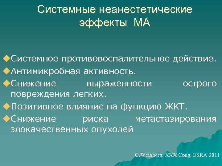 Системные неанестетические эффекты МА Системное противовоспалительное действие. Антимикробная активность. Снижение выраженности острого повреждения легких.