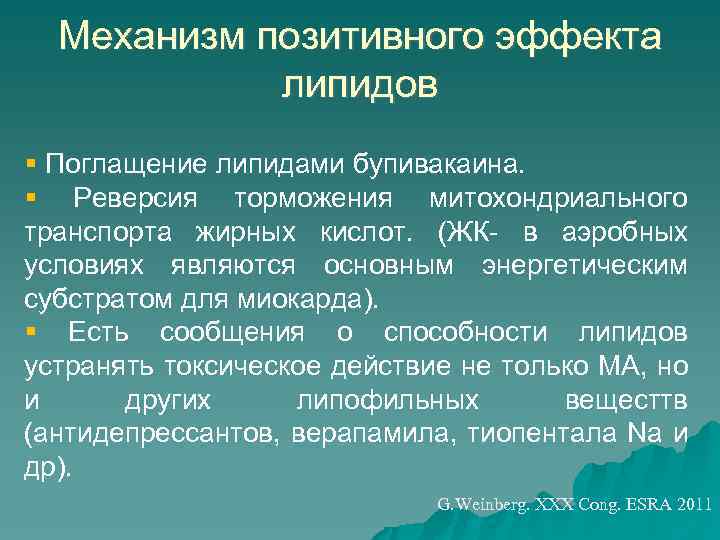 Механизм позитивного эффекта липидов Поглащение липидами бупивакаина. Реверсия торможения митохондриального транспорта жирных кислот. (ЖК-