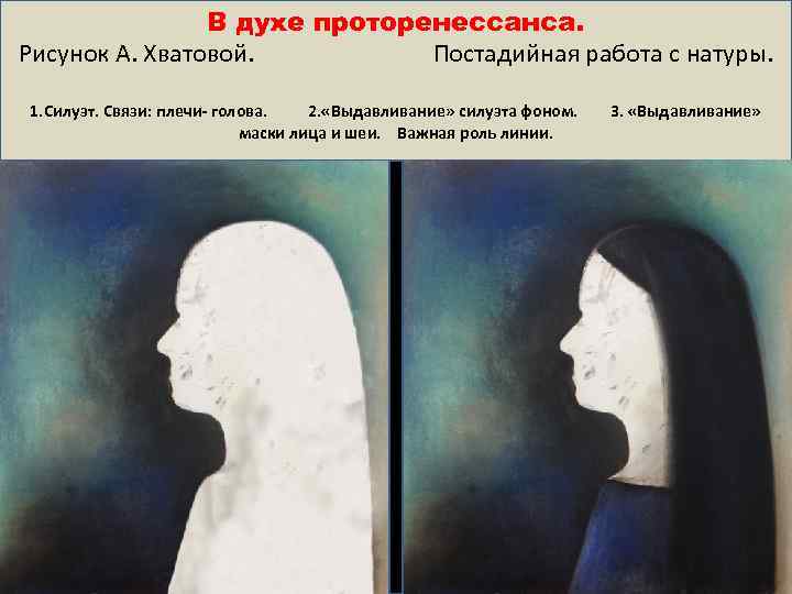 В духе проторенессанса. Рисунок А. Хватовой. Постадийная работа с натуры. 1. Силуэт. Связи: плечи-