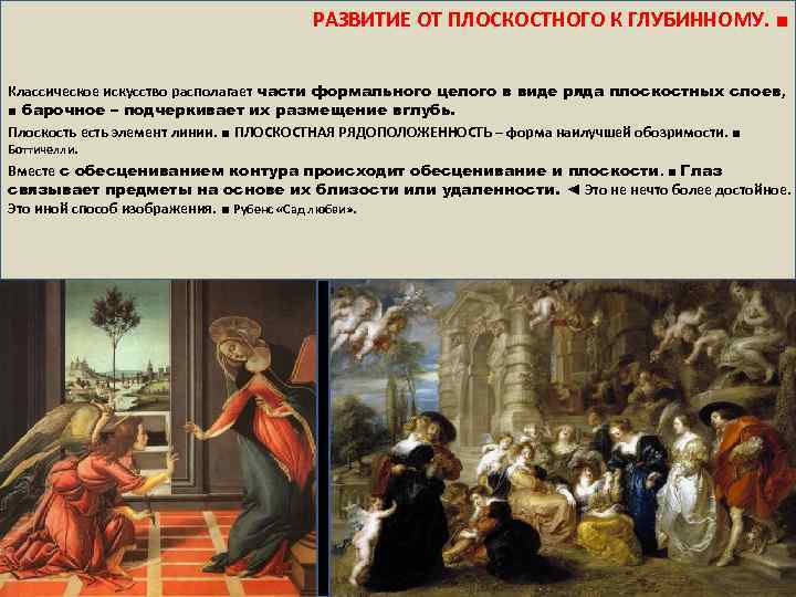  РАЗВИТИЕ ОТ ПЛОСКОСТНОГО К ГЛУБИННОМУ. ■ Классическое искусство располагает части формального целого в