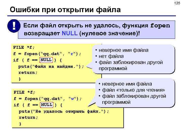 125 Ошибки при открытии файла ! Если файл открыть не удалось, функция fopen возвращает