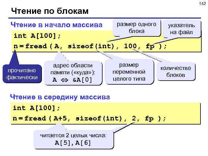 142 Чтение по блокам размер одного указатель Чтение в начало массива блока на файл
