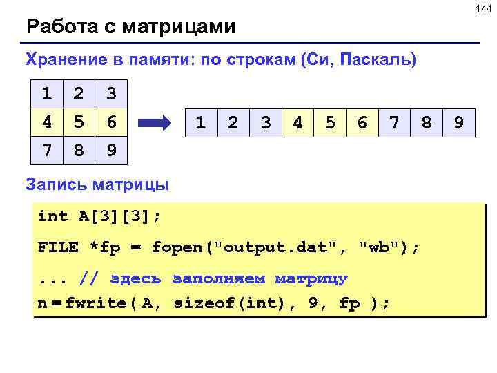 144 Работа с матрицами Хранение в памяти: по строкам (Си, Паскаль) 1 4 7
