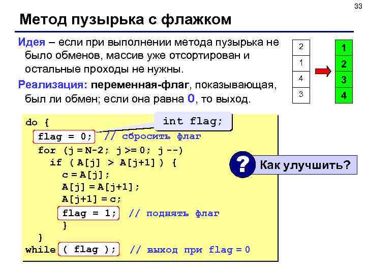 33 Метод пузырька с флажком Идея – если при выполнении метода пузырька не было