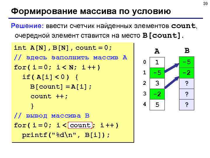 39 Формирование массива по условию Решение: ввести счетчик найденных элементов count, очередной элемент ставится
