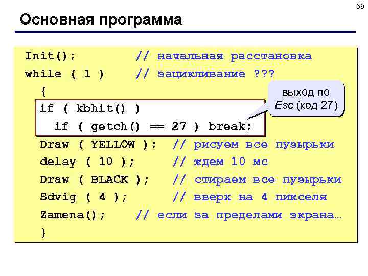 59 Основная программа Init(); // начальная расстановка while ( 1 ) // зацикливание ?