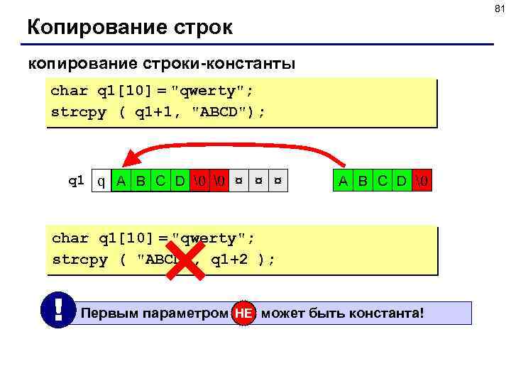 81 Копирование строк копирование строки-константы char q 1[10] = 