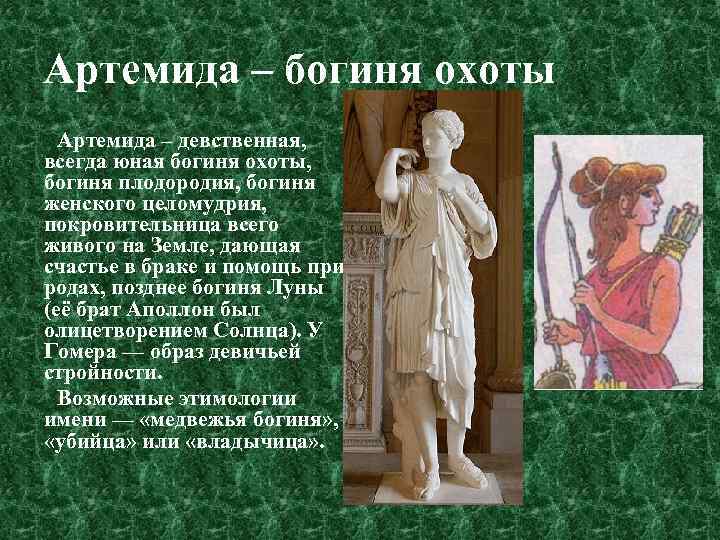 Артемида – богиня охоты Артемида – девственная, всегда юная богиня охоты, богиня плодородия, богиня