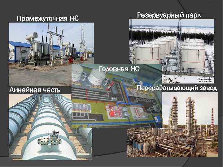 Промежуточная НС Резервуарный парк Головная НС Линейная часть Перерабатывающий завод 